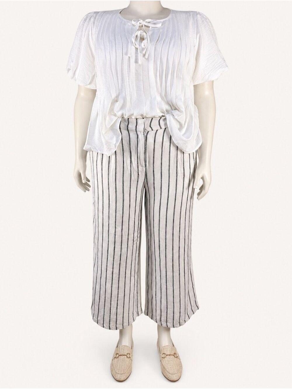Dex Linen Blend White Black Stripe Wide Leg Crop Pants Pleated Coastal XL NWT